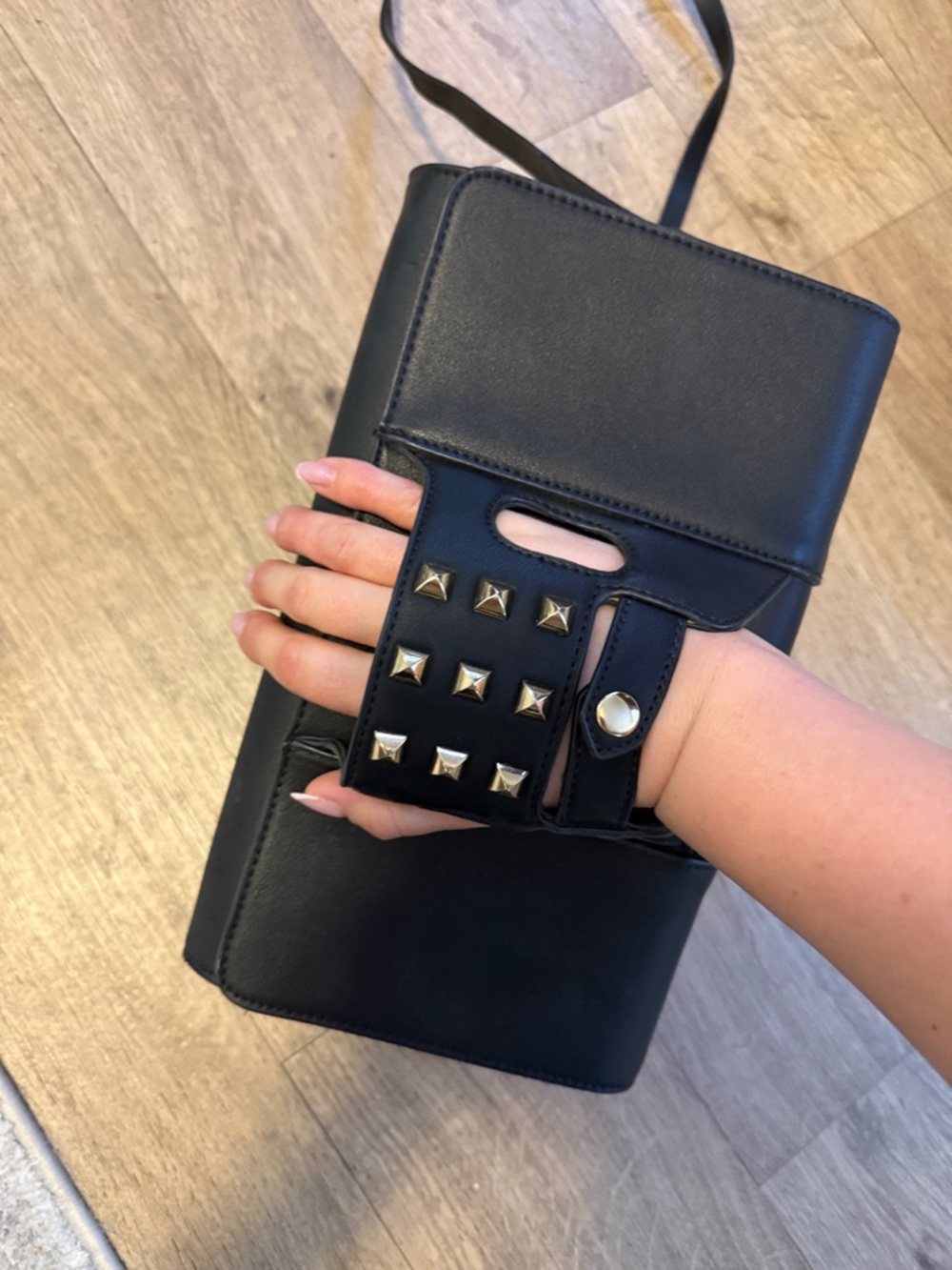 Black Studded Leather Wristlet Clutch - Women Accessories
